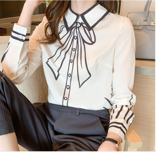 Silk Blouse Women Fake Bow-knot Printing Blouse Satin Silk Long-sleeved Shirt