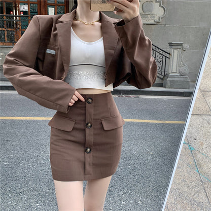 Blazer High Waist A Line Skirt Coffee Color Hong Kong Style Suit Women