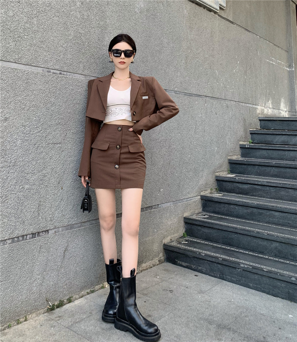 Blazer High Waist A Line Skirt Coffee Color Hong Kong Style Suit Women