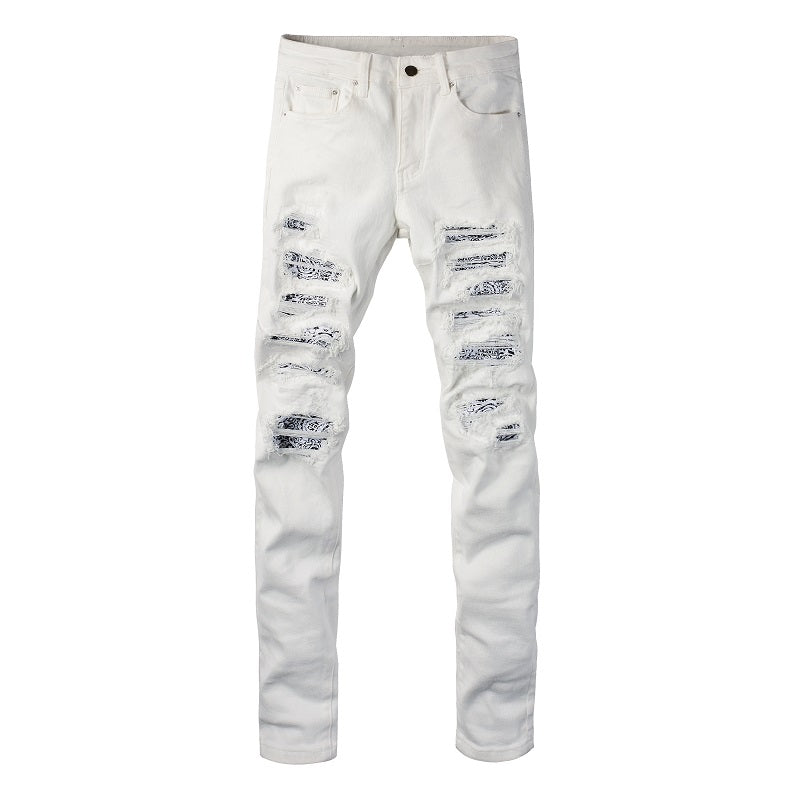 White Cashew Flower Patch Torn Jeans