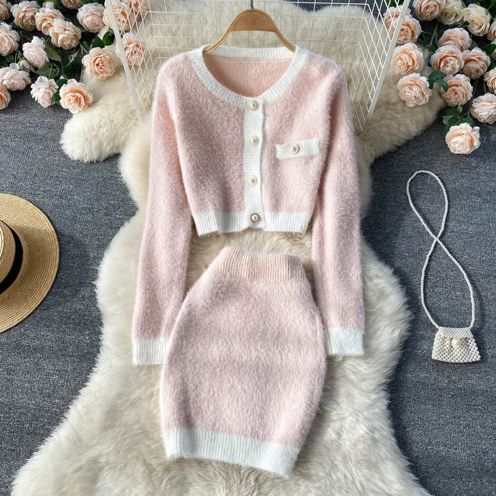 Women Cardigan Sweater Skirt Two-Piece Suit